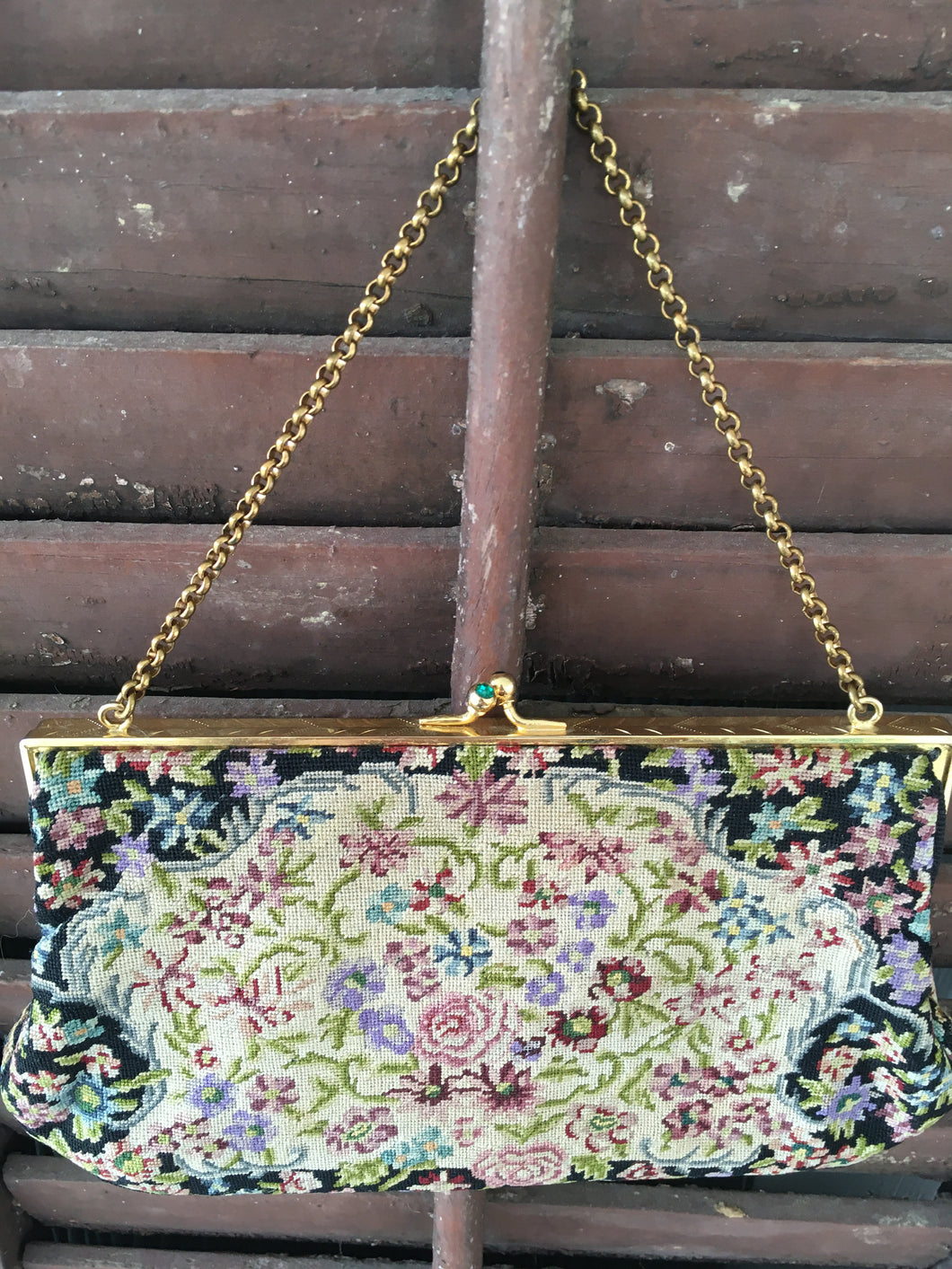 Vintage Petit Point Clutch with emerald green clasp