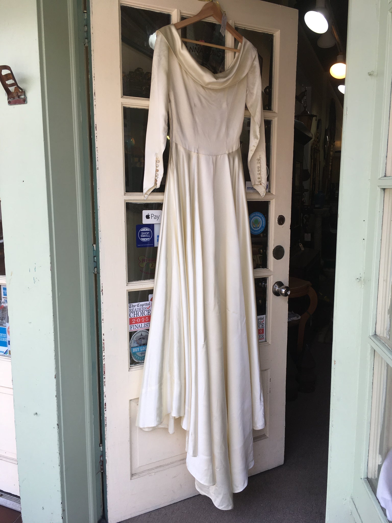 1950's satin wedding dress Vintage 1950's Liquid Satin, Strapless Wedding Dress With Train